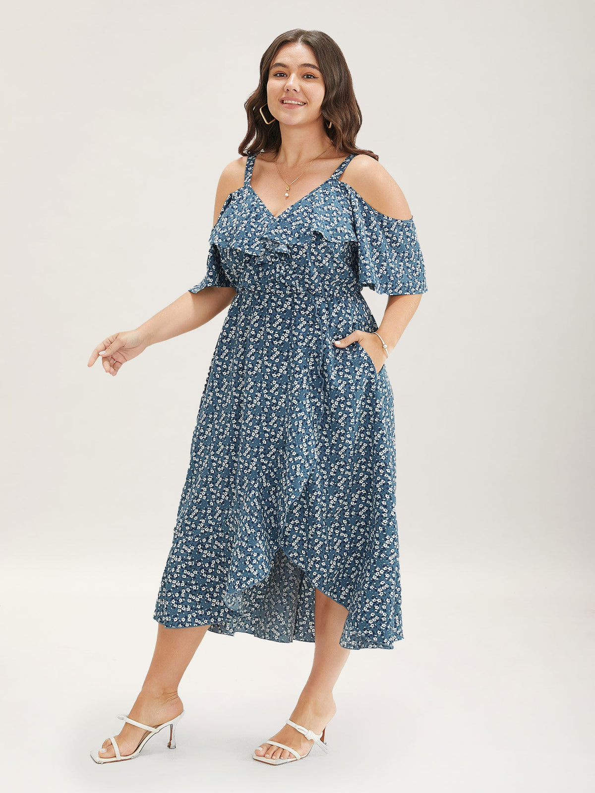 Ditsy Floral Pocket Wrap Cold Shoulder Ruffle Dress