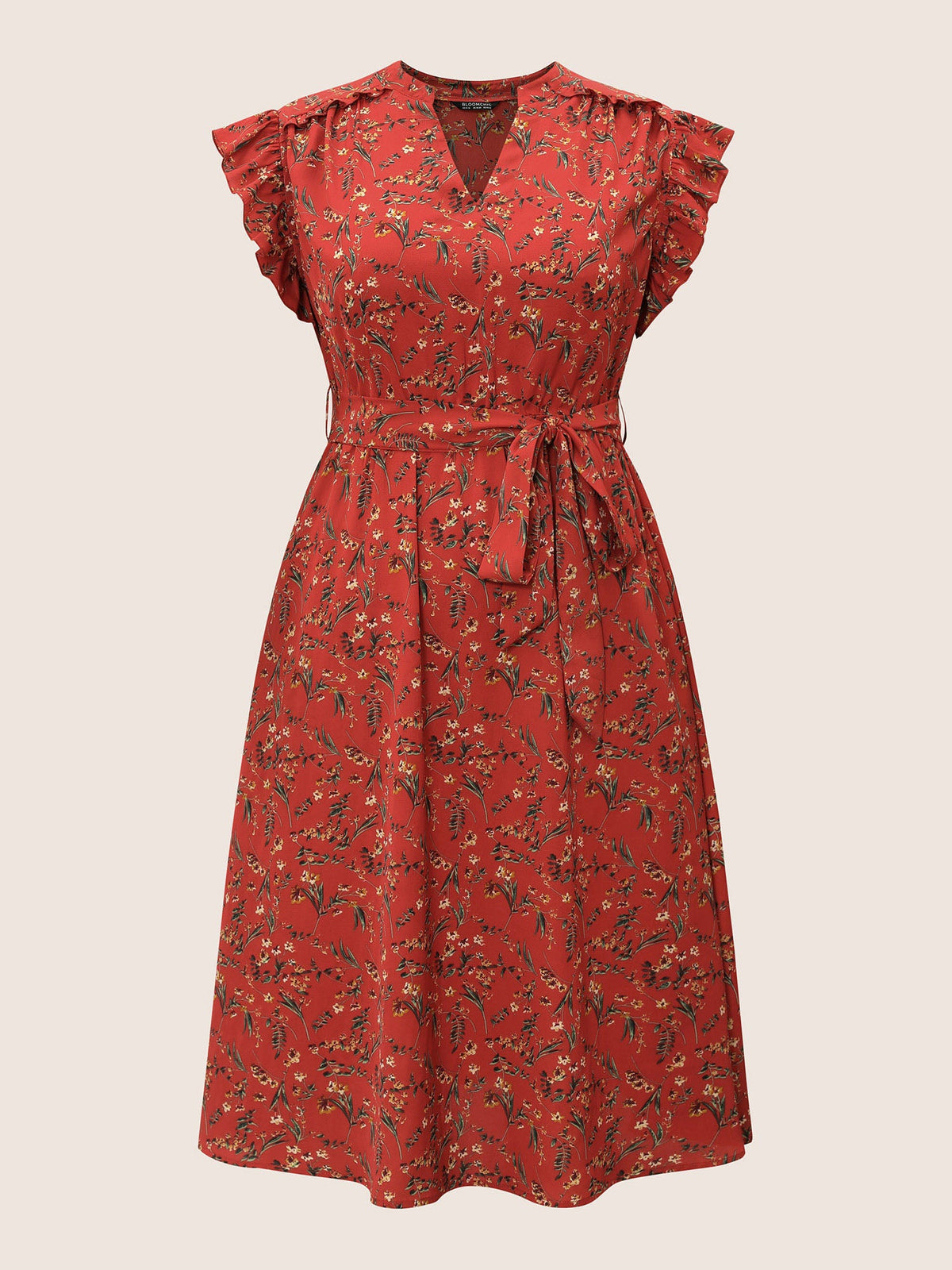 Floral Print Frill Notched Flutter Sleeve Dress