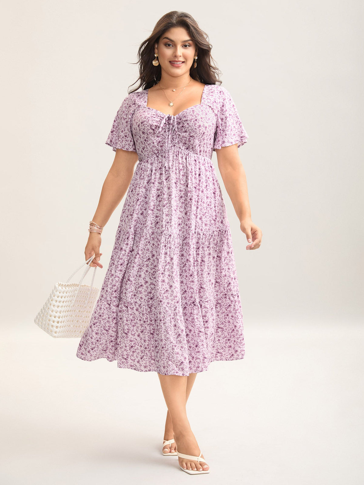 Ditsy Floral Sweetheart Drawstring Pocket Tiered Dress