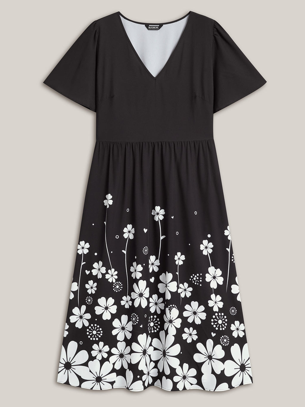 V-Neck Floral Print Flared Sleeve Dress