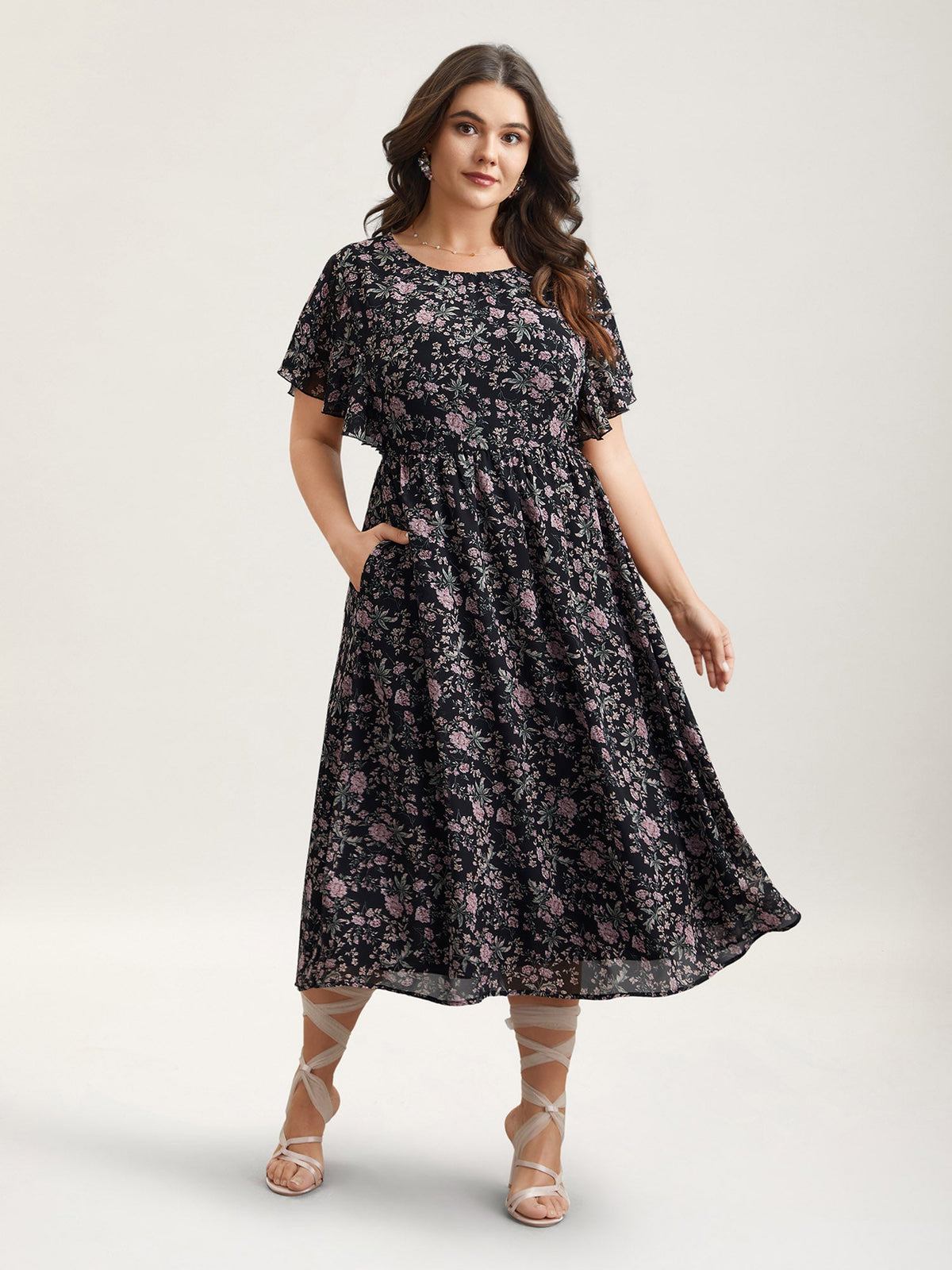 Chiffon Floral Print Ruffled Midi Dress