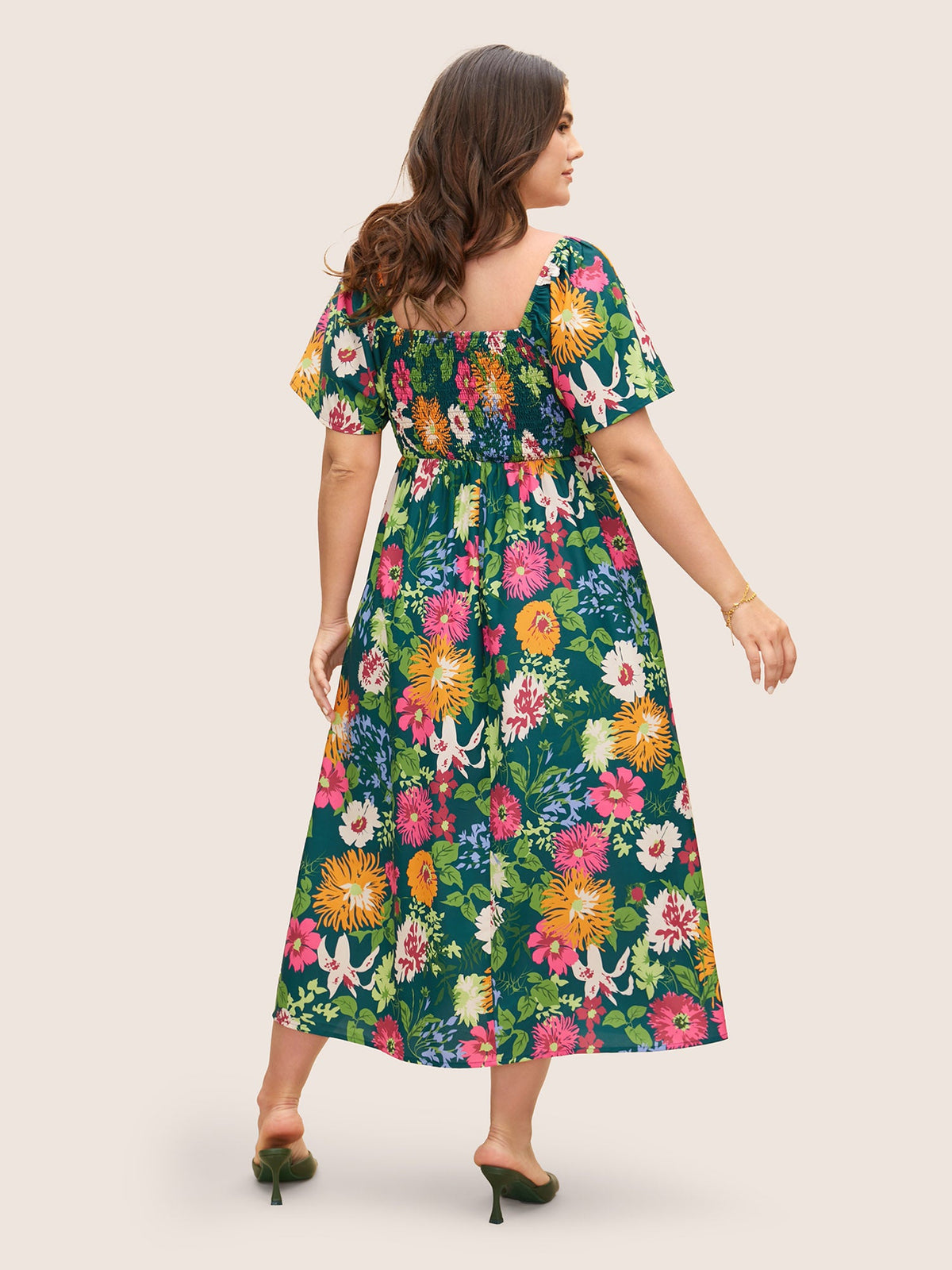 Floral Shirred Square Neck Pocket Midi Dress
