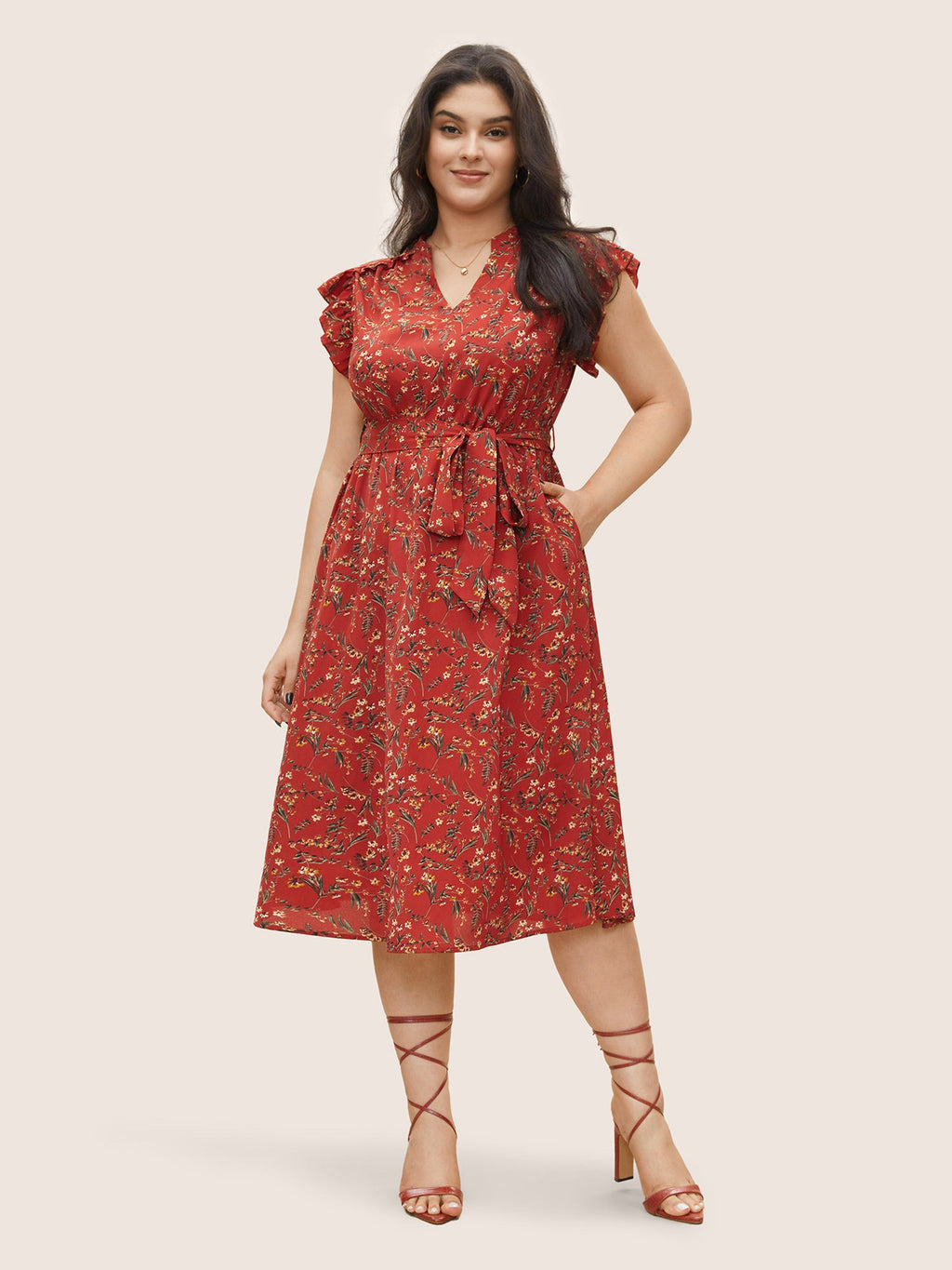Floral Print Frill Notched Flutter Sleeve Dress