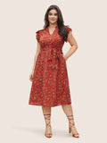 Floral Print Frill Notched Flutter Sleeve Dress