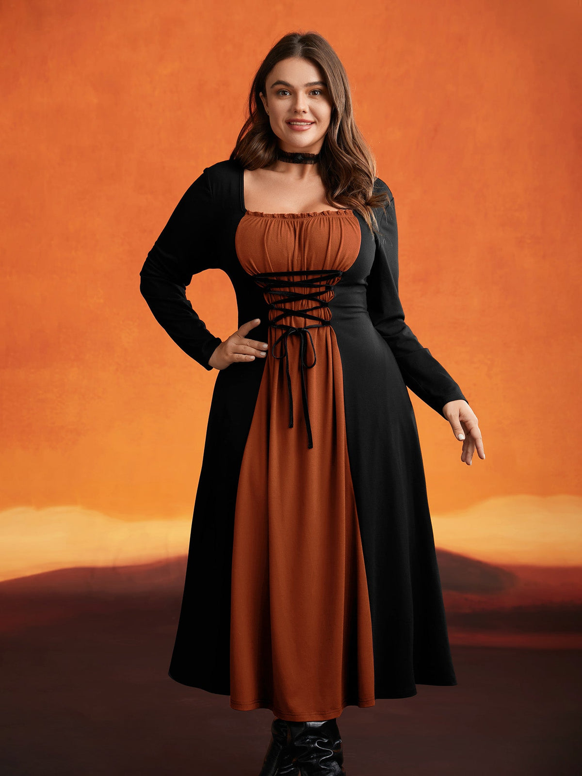 Stretchy Knit Adjustable Tie Frill Trim Midi Dress