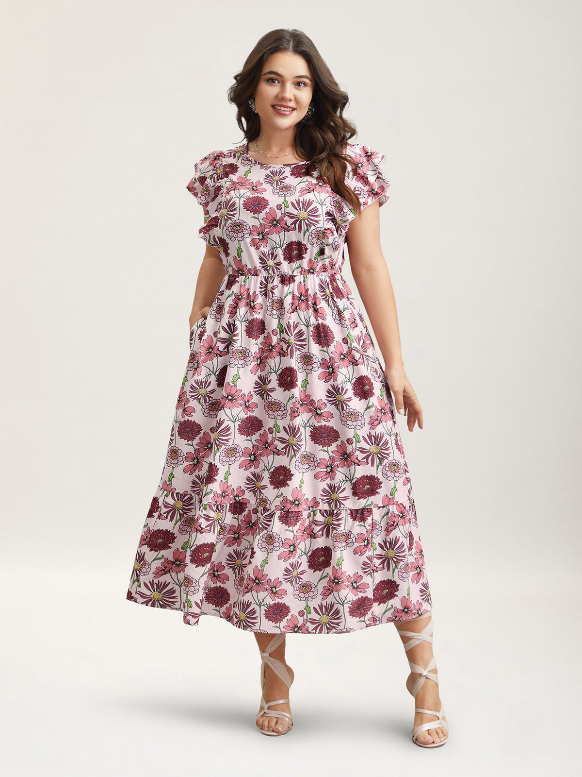 Ruffled Floral Print Stretchy-Waist Midi Dress