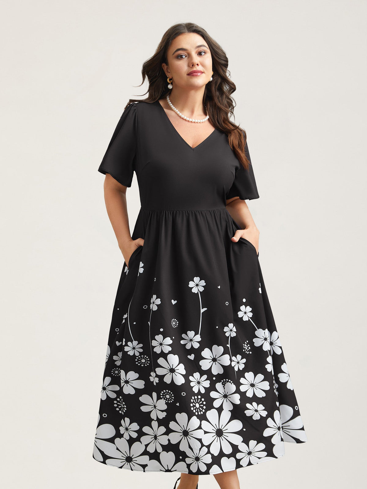 V-Neck Floral Print Flared Sleeve Dress