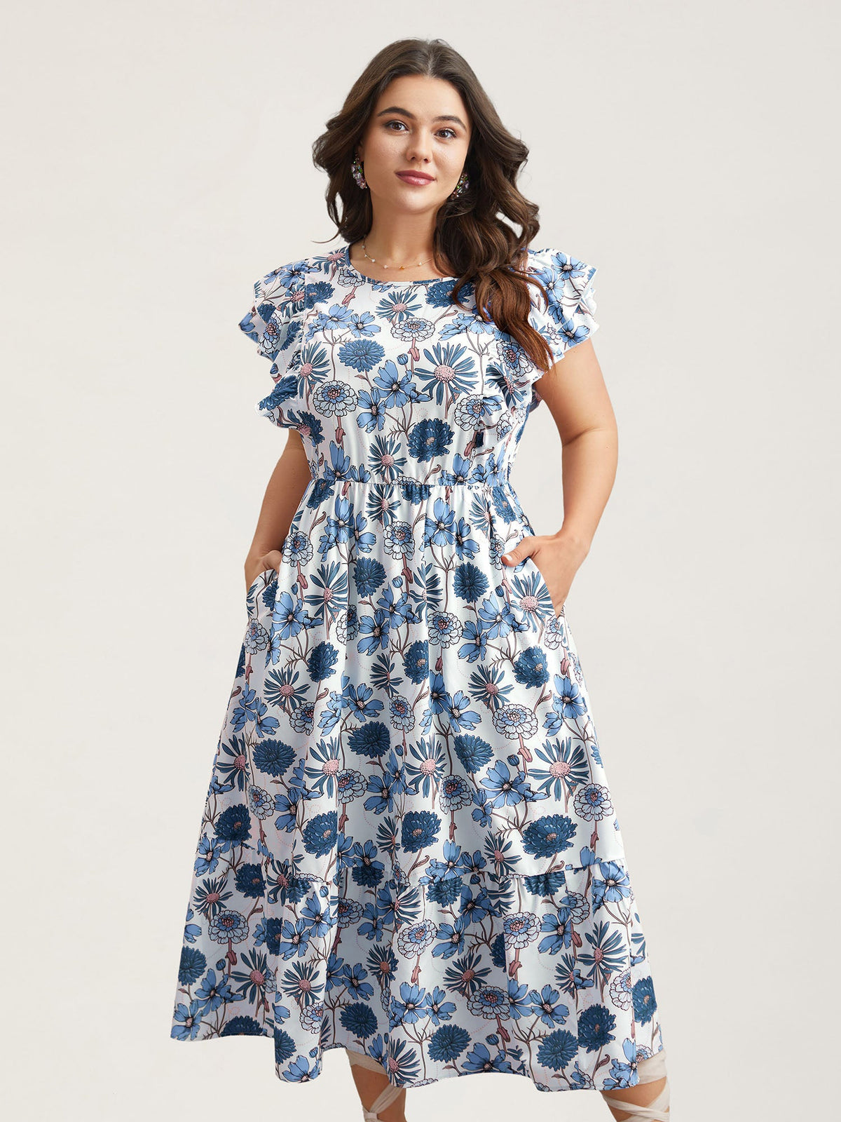 Ruffled Floral Print Stretchy-Waist Midi Dress