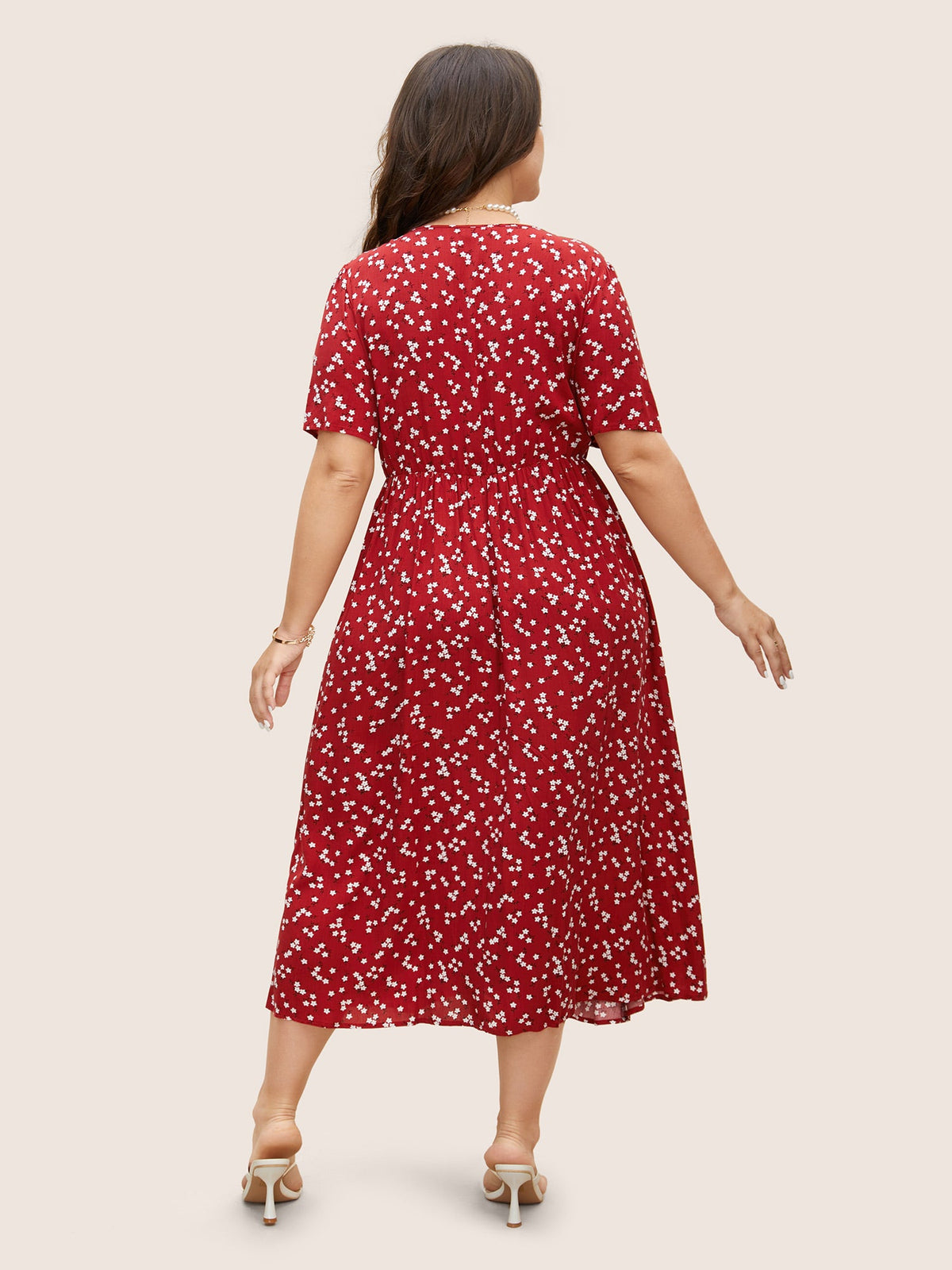 Ditsy Floral Button Detail Elastic Waist Midi Dress