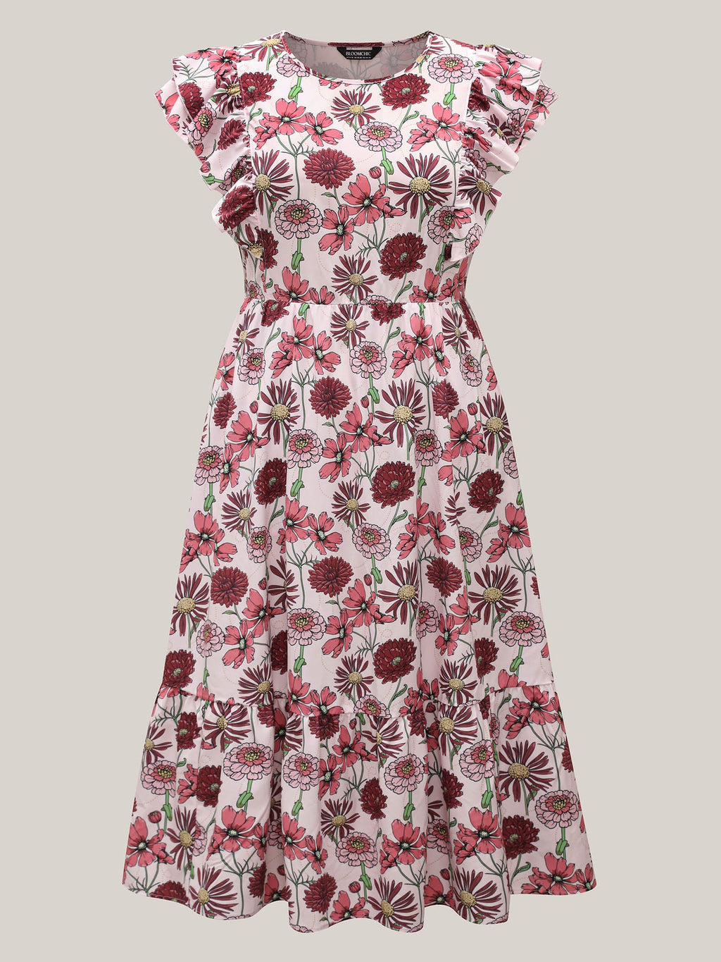 Ruffled Floral Print Stretchy-Waist Midi Dress