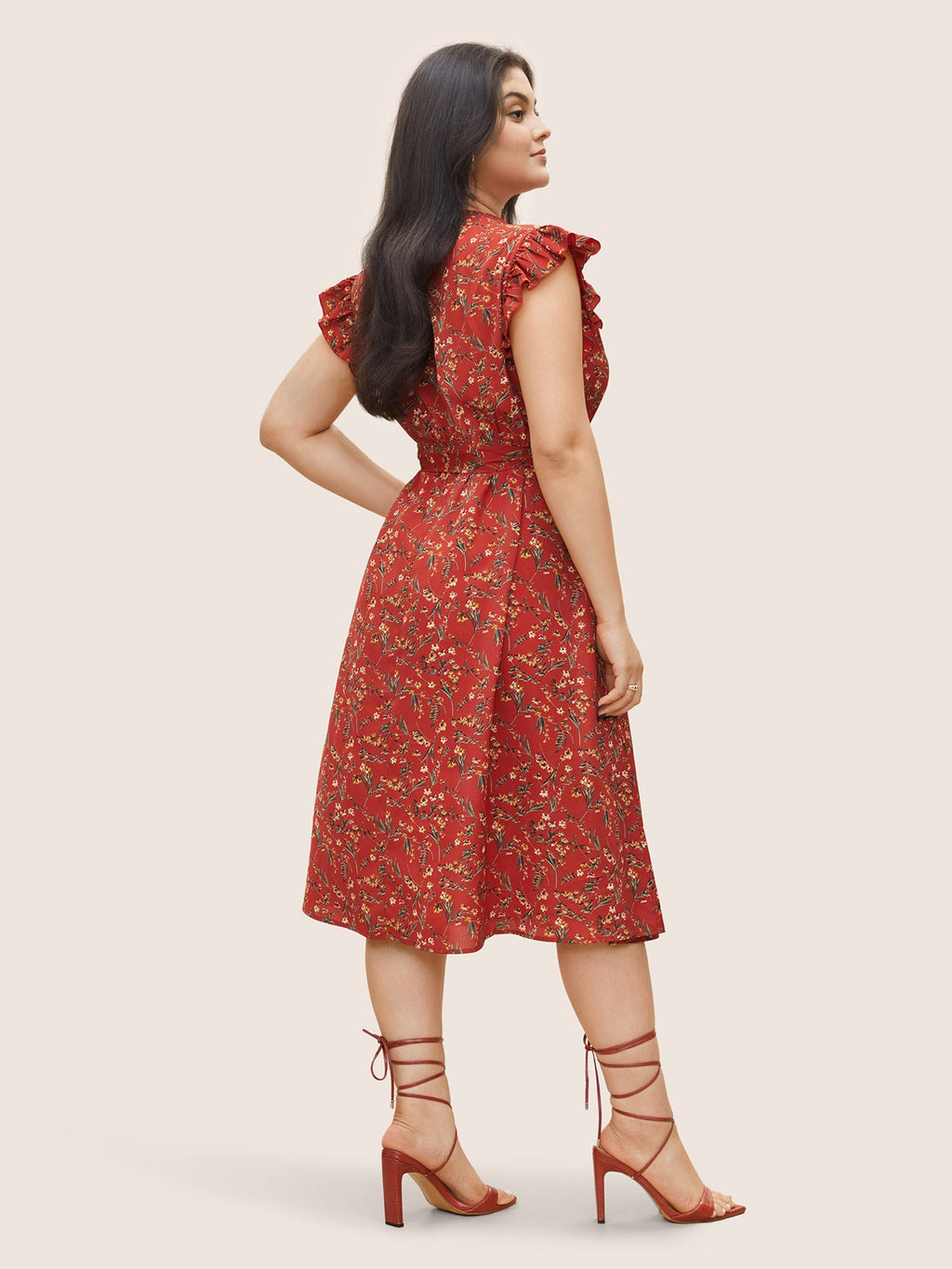 Floral Print Frill Notched Flutter Sleeve Dress