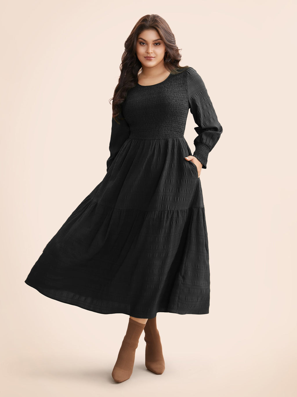 Plain Textured Shirred Midi Dress