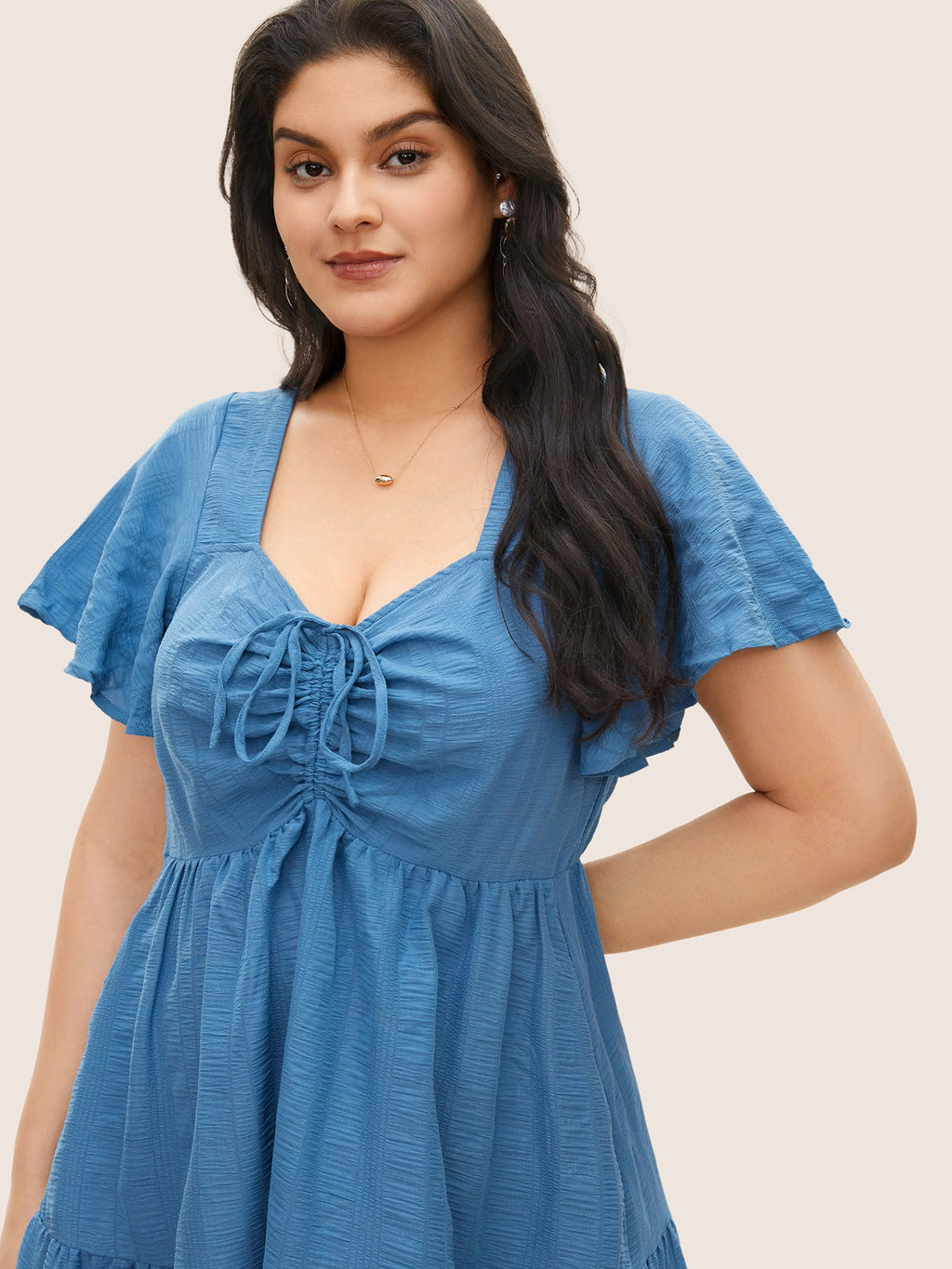 Plain Ruched Drawstring Pocket Ruffle Tiered Dress