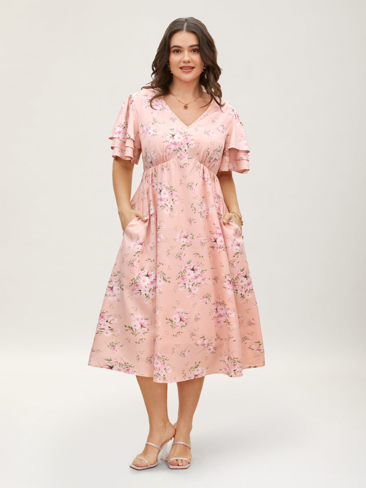 Floral Elastic Waist Tiered Ruffle Sleeve Dress