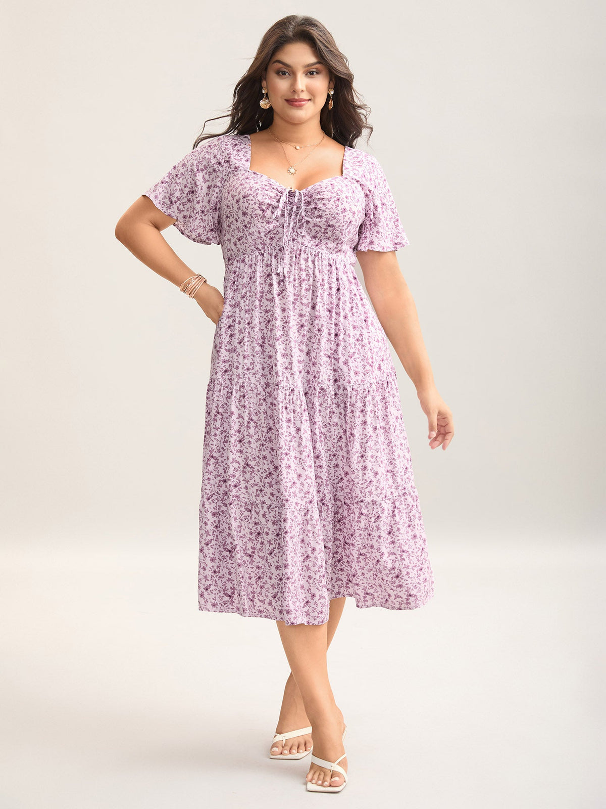 Ditsy Floral Sweetheart Drawstring Pocket Tiered Dress