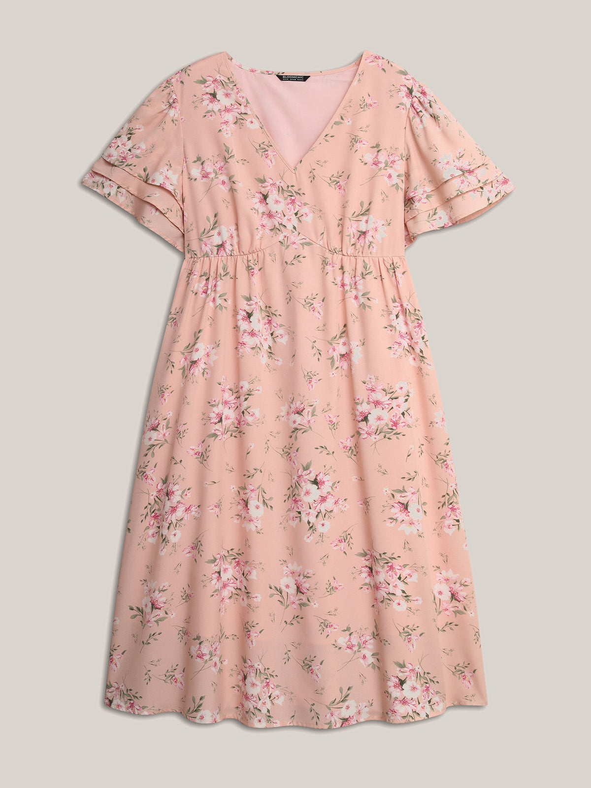 Floral Elastic Waist Tiered Ruffle Sleeve Dress