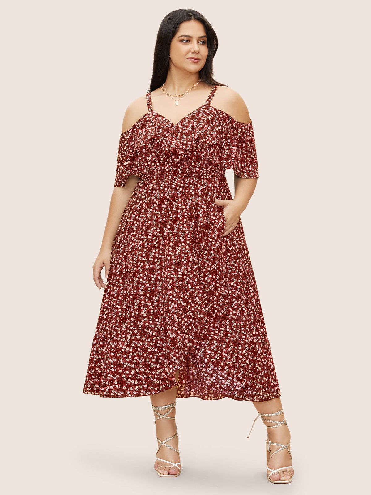 Ditsy Floral Pocket Wrap Cold Shoulder Ruffle Dress