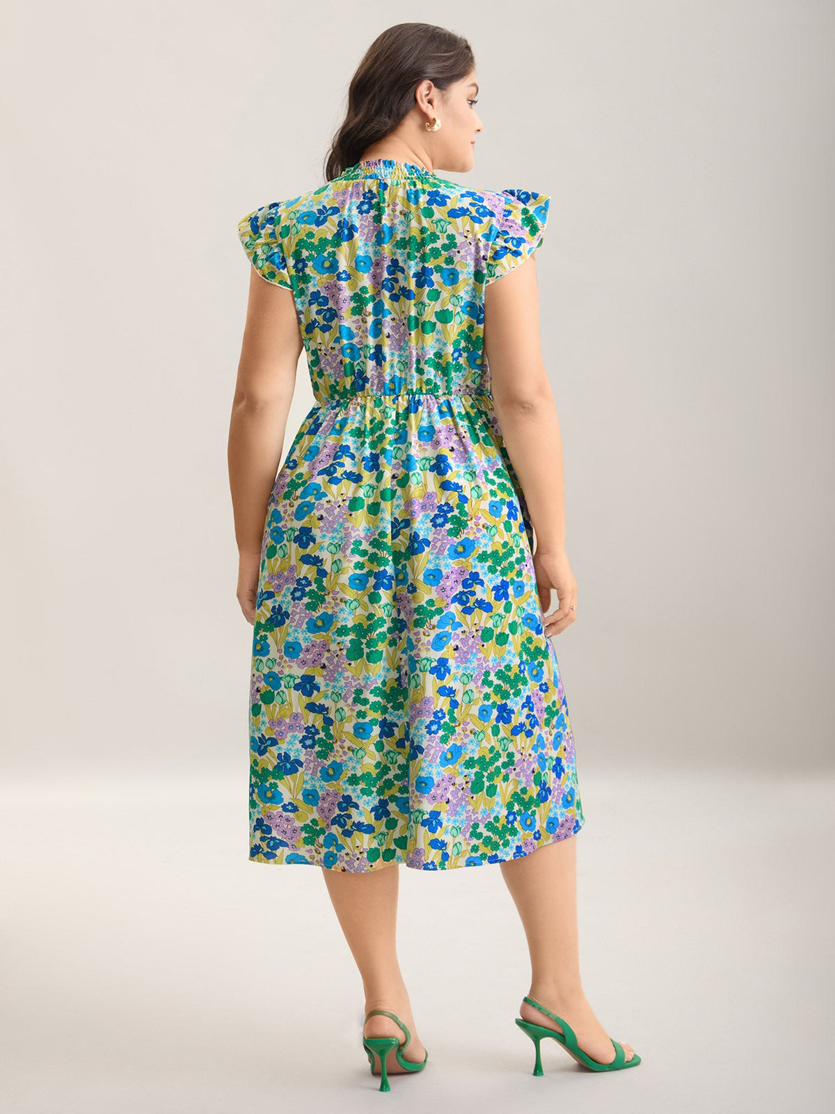 Floral Print Shirred Pockets Midi Dress
