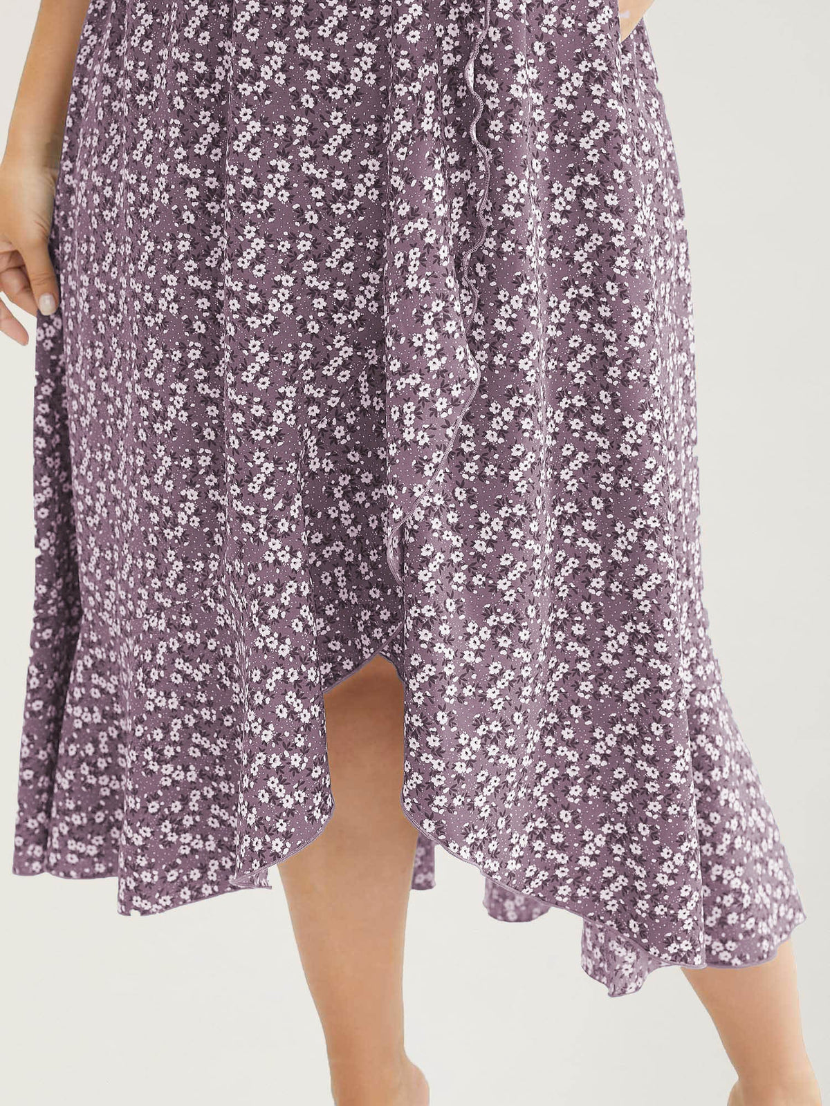 Ditsy Floral Pocket Wrap Cold Shoulder Ruffle Dress