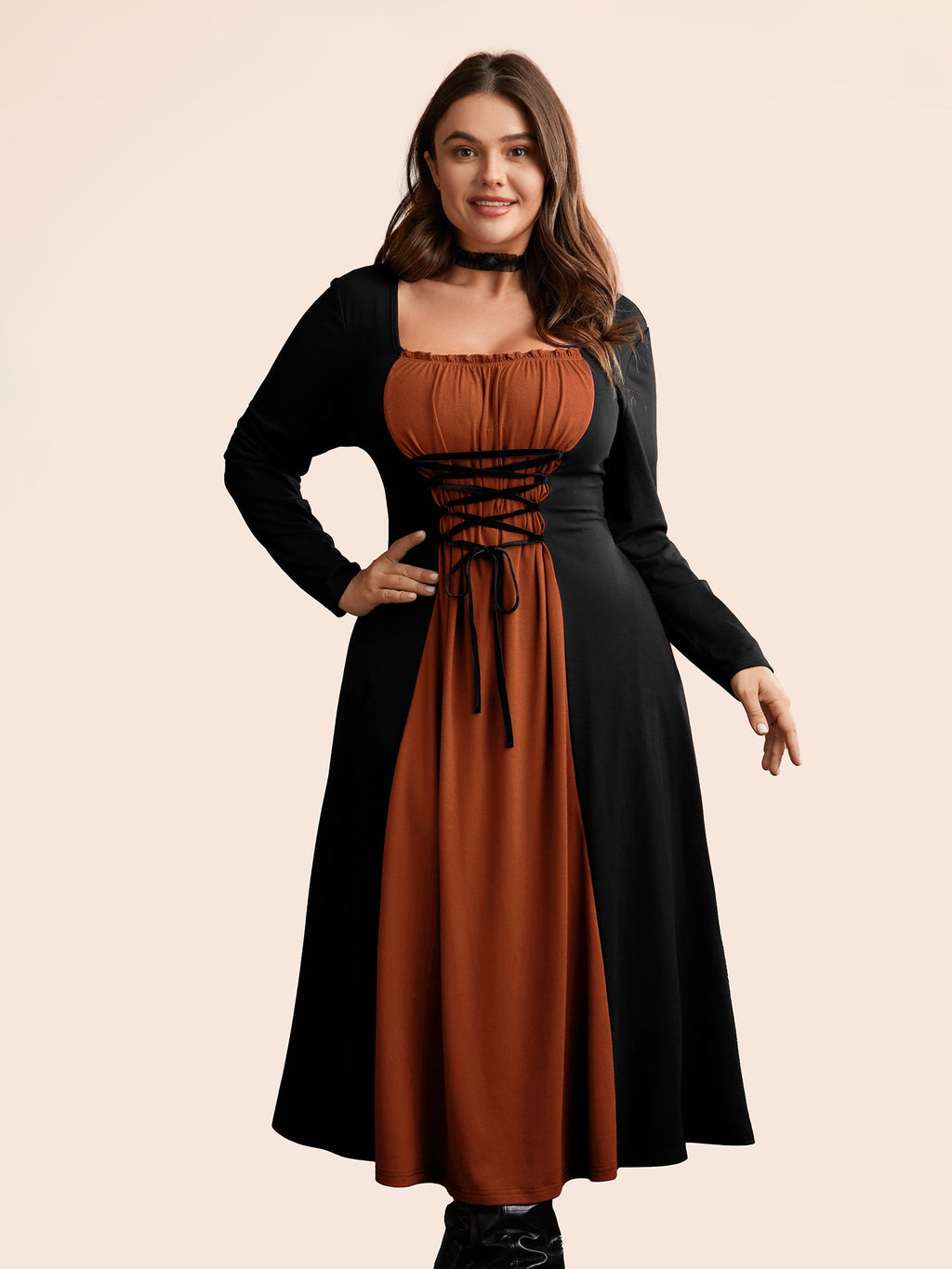 Stretchy Knit Adjustable Tie Frill Trim Midi Dress