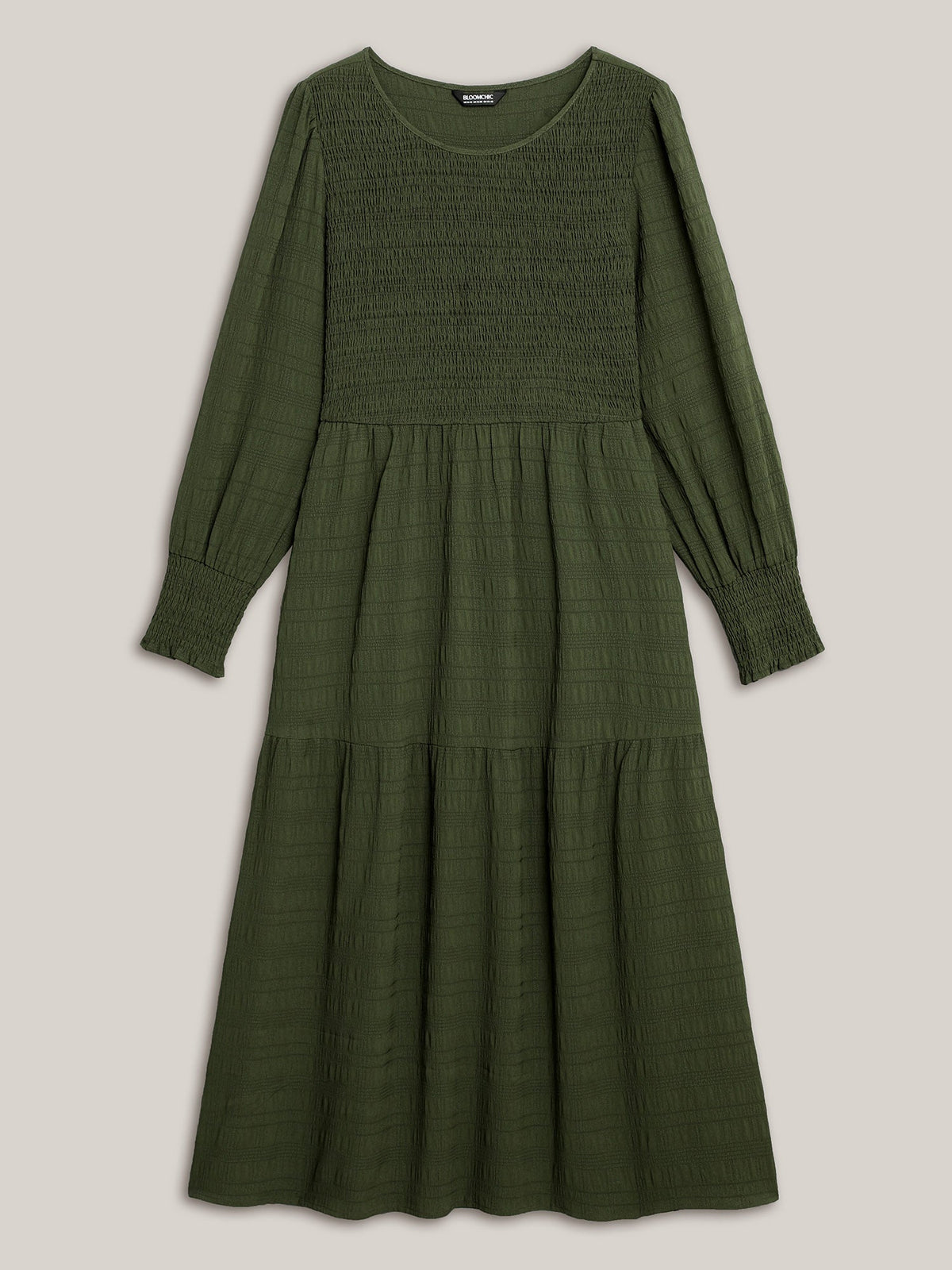 Plain Textured Shirred Midi Dress