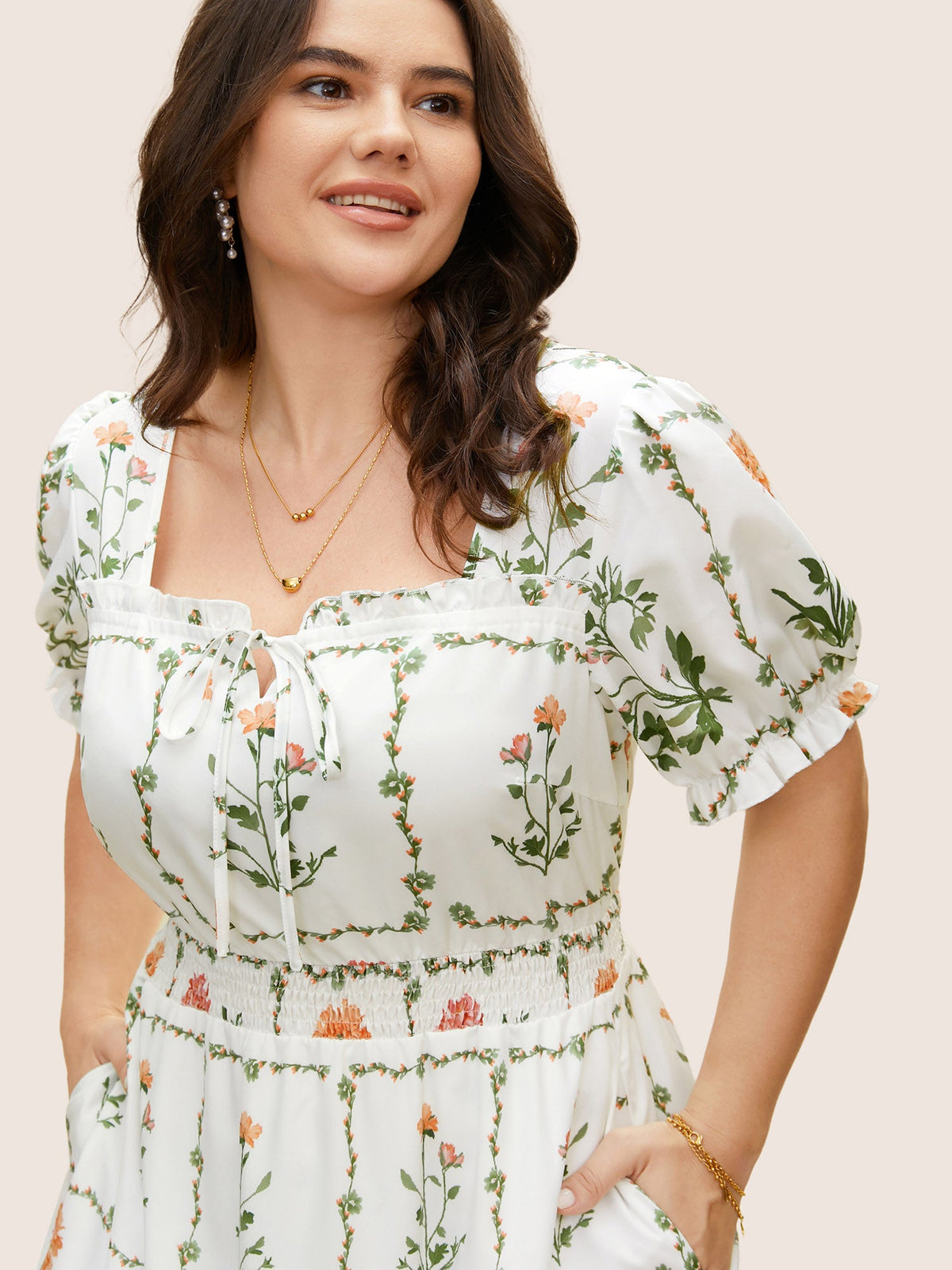 Boho Print Tie Knot Shirred Lantern Sleeve Dress