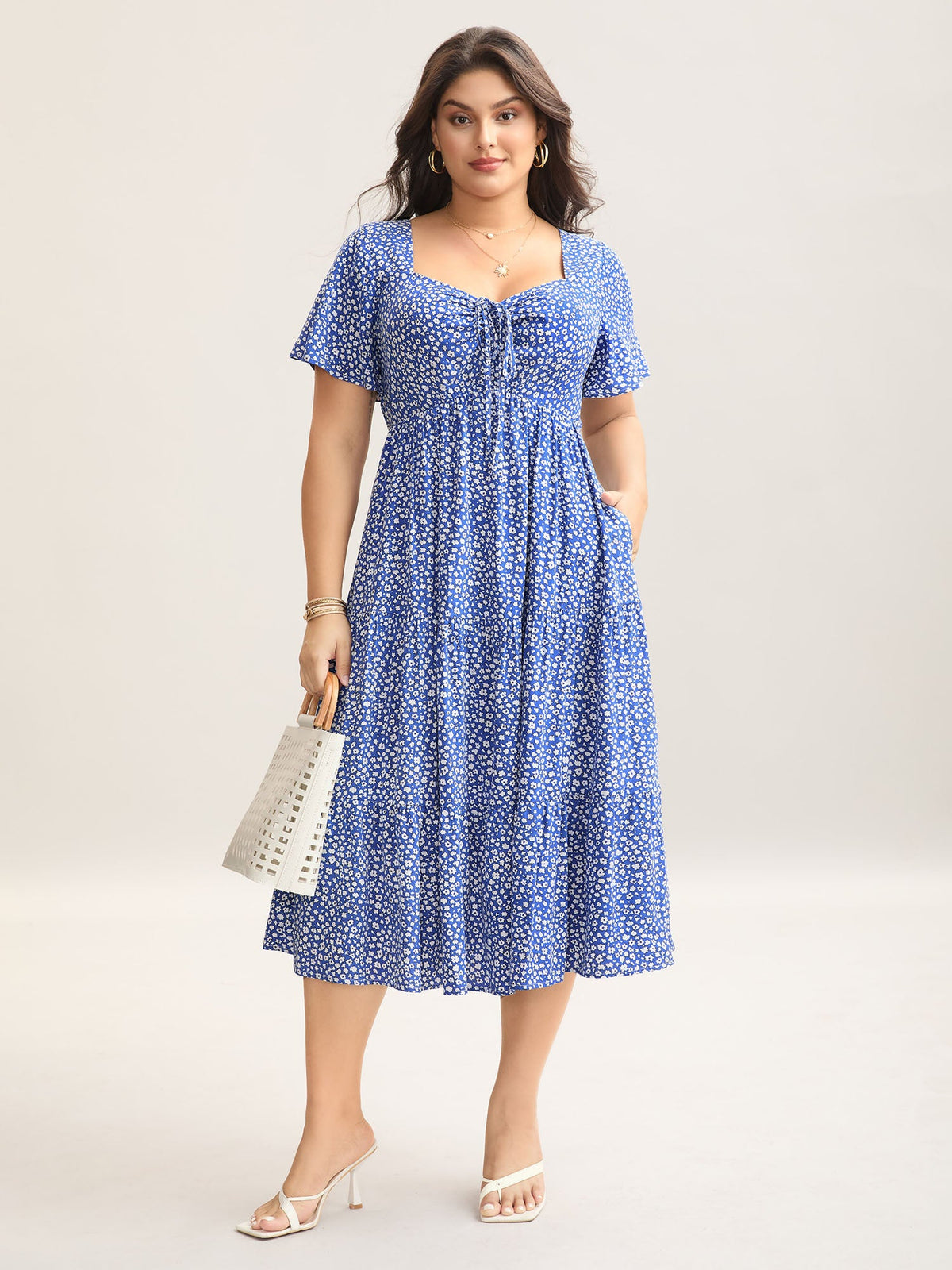 Ditsy Floral Sweetheart Drawstring Pocket Tiered Dress