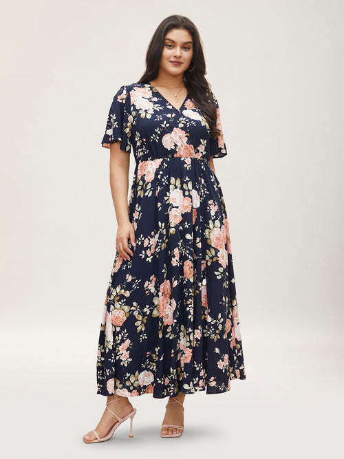 Bloom Dress - Flutter Sleeve Ditsy Floral Pocket Split Maxi Dress