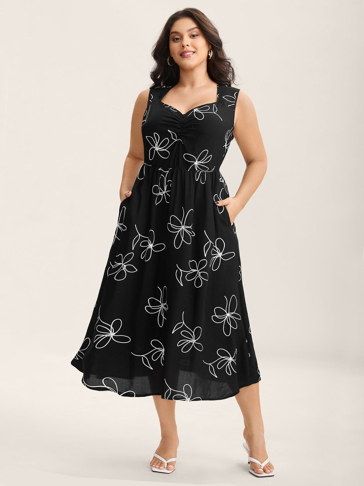 Rayon Floral Print Pockets Sleeveless Midi Dress