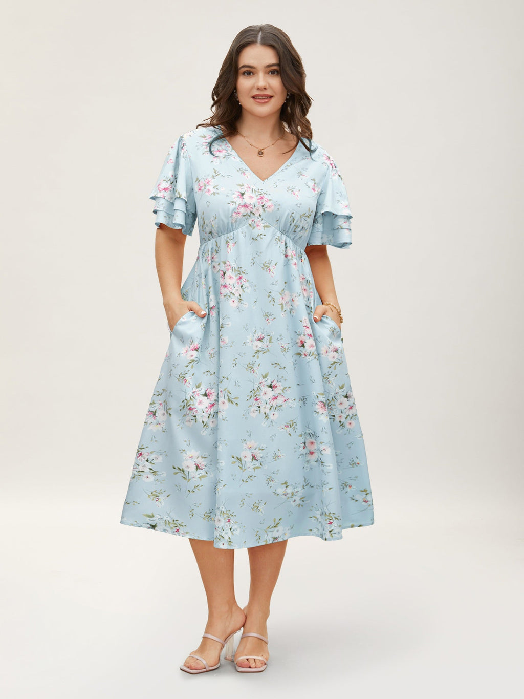 Floral Elastic Waist Tiered Ruffle Sleeve Dress