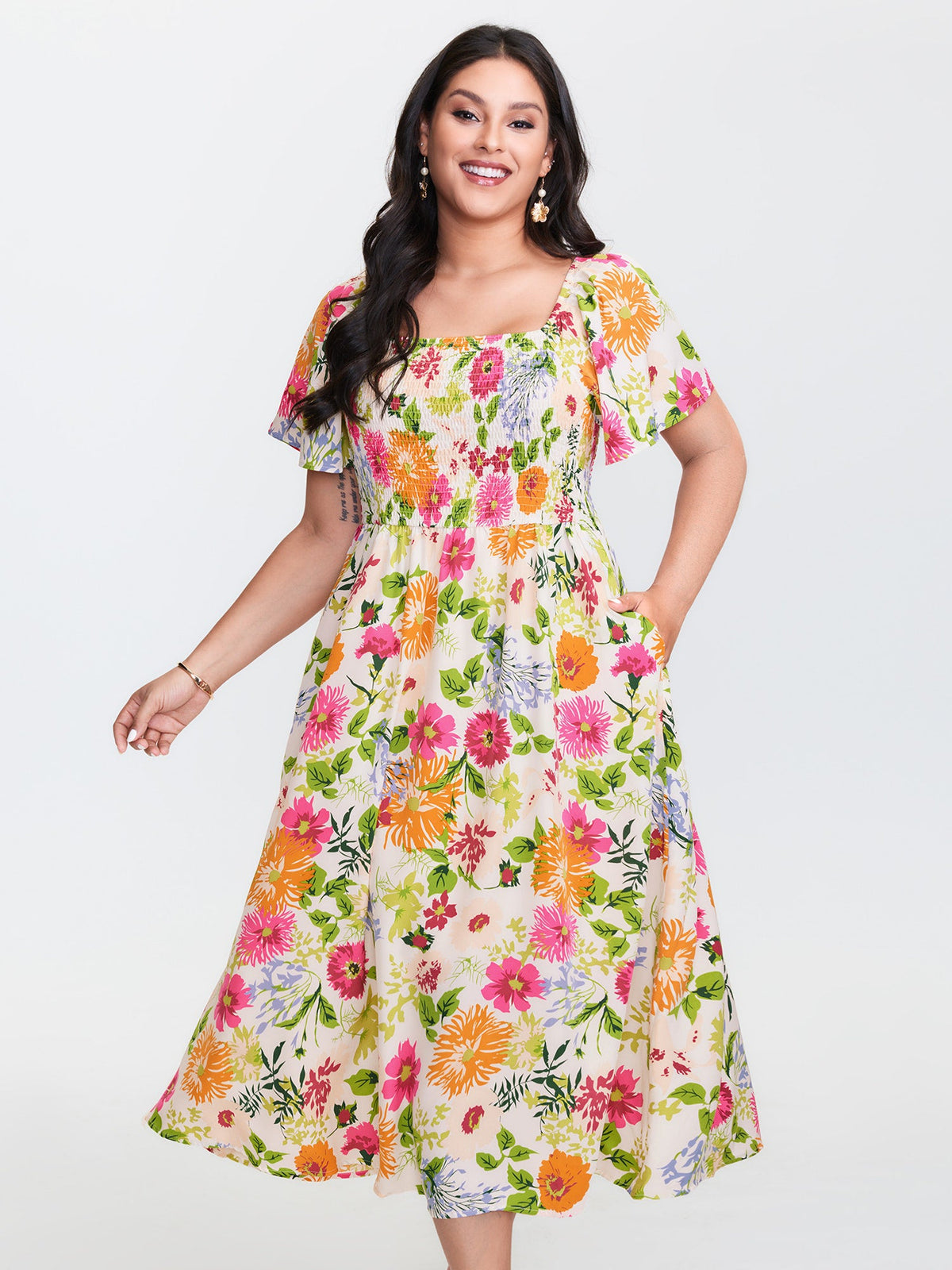 Floral Shirred Square Neck Pocket Midi Dress