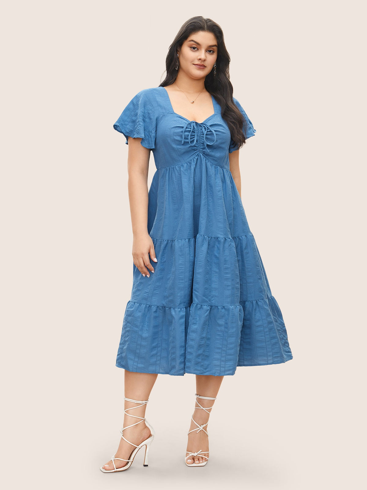 Plain Ruched Drawstring Pocket Ruffle Tiered Dress