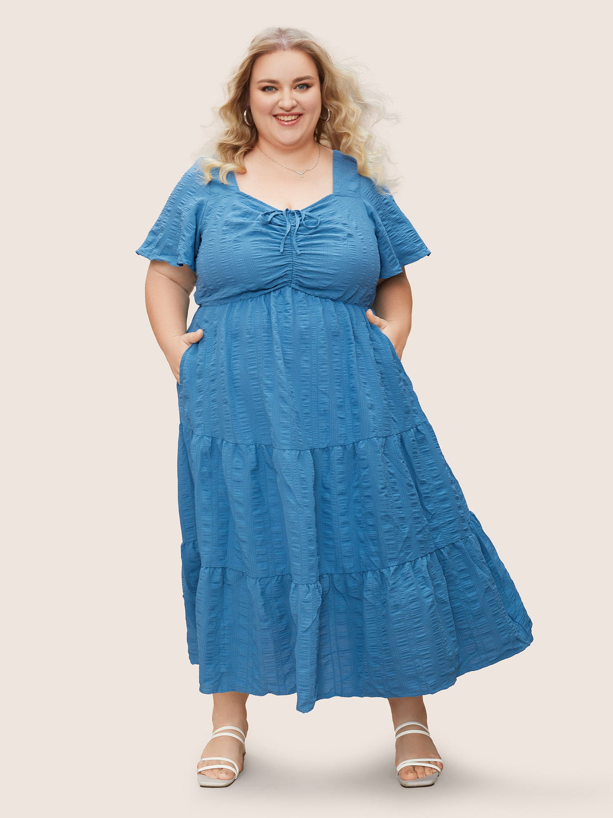Plain Ruched Drawstring Pocket Ruffle Tiered Dress