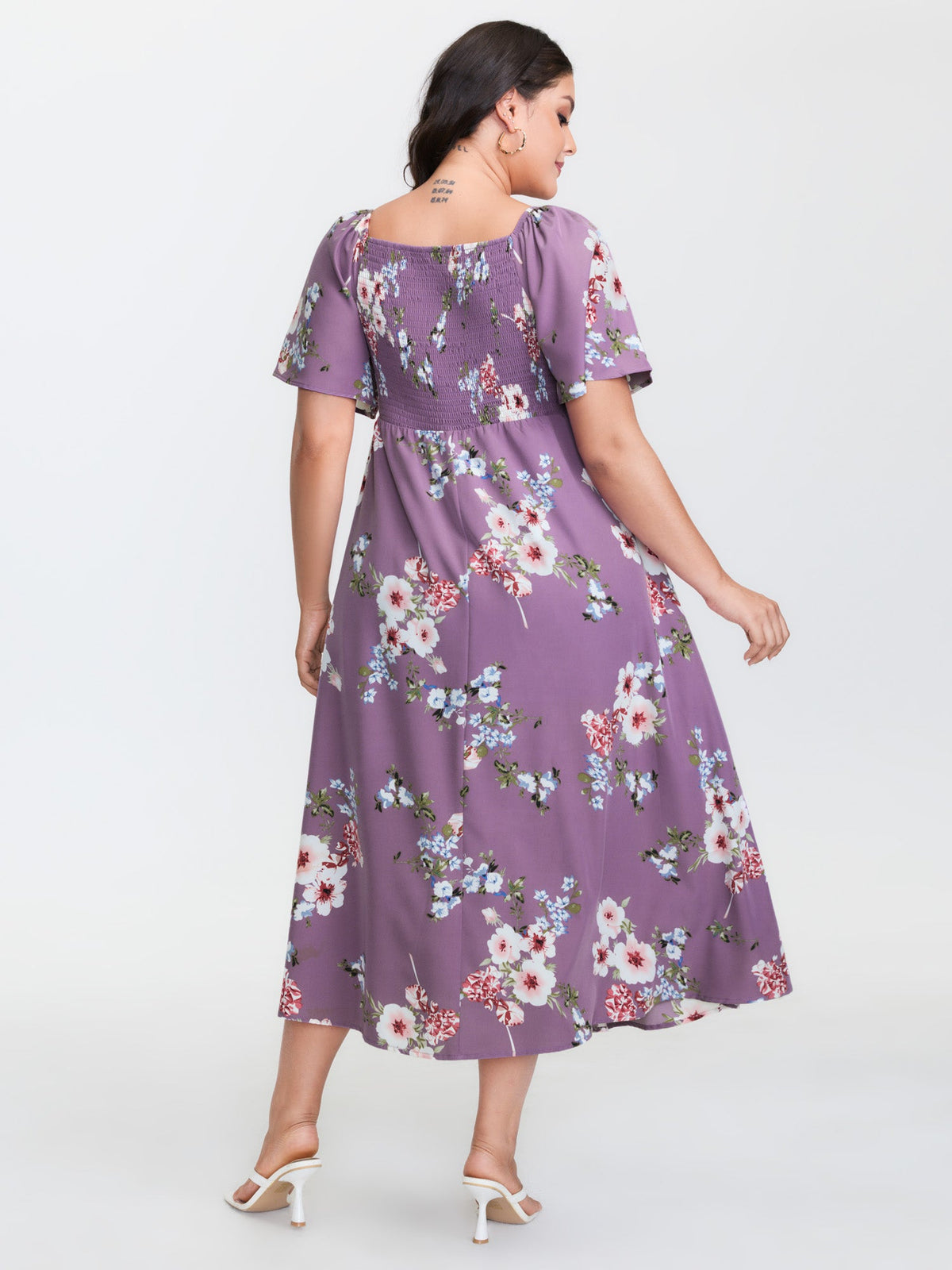 Floral Square Neck Ruffles Pocket Shirred Split Dress
