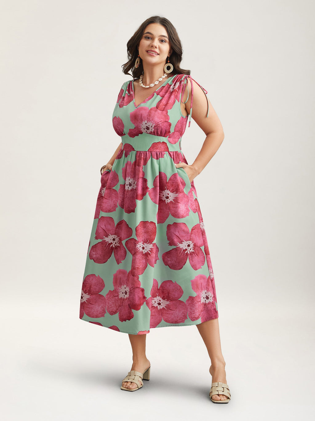 Floral Print V-Neck Tied Midi Dress