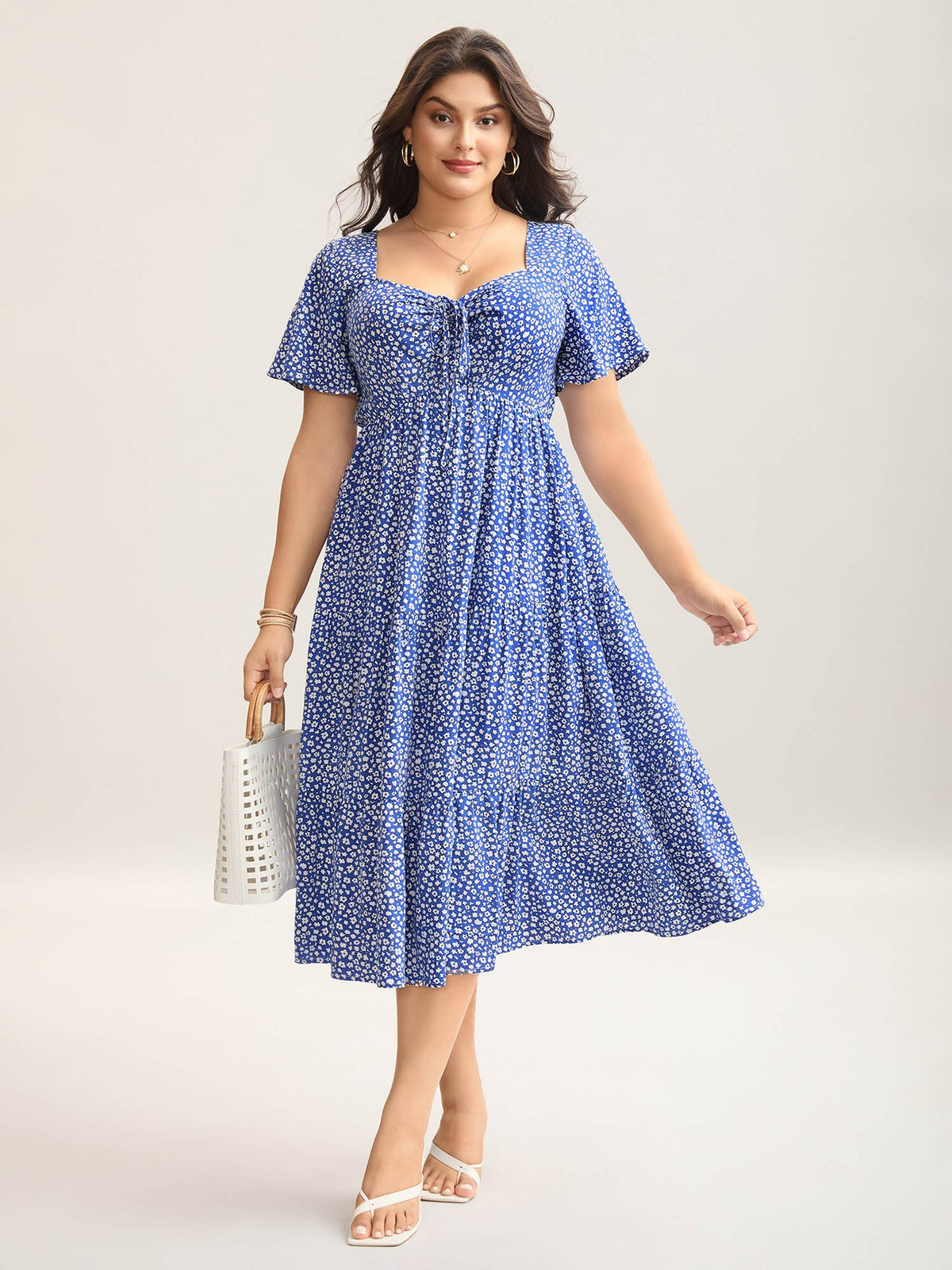 Ditsy Floral Sweetheart Drawstring Pocket Tiered Dress