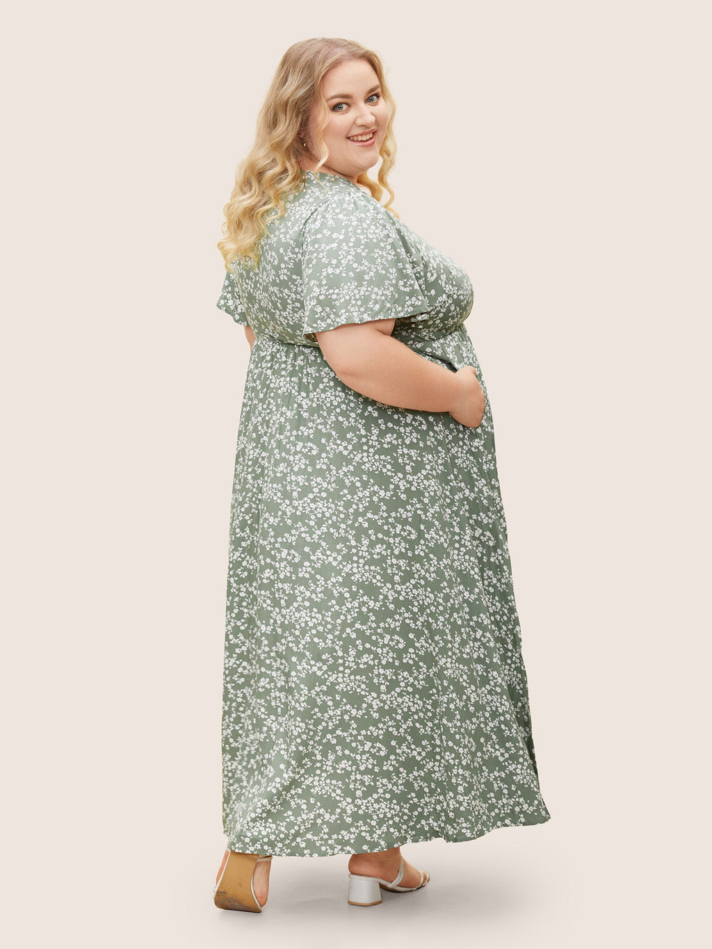 Bloom Dress - Flutter Sleeve Ditsy Floral Pocket Split Maxi Dress