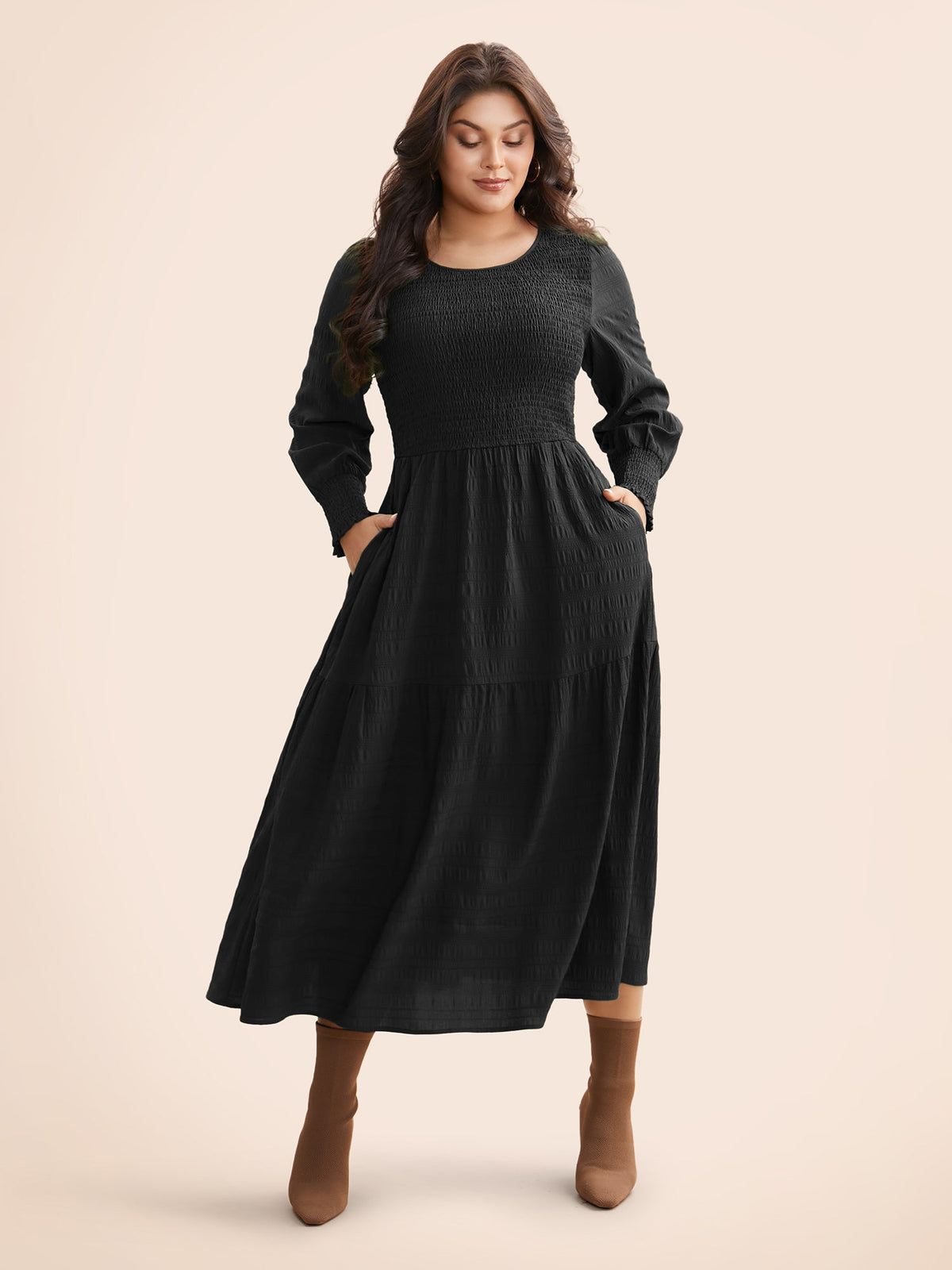 Plain Textured Shirred Midi Dress