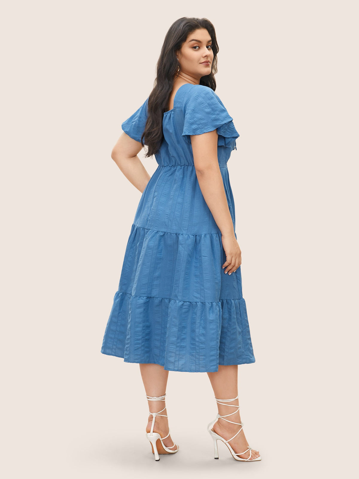 Plain Ruched Drawstring Pocket Ruffle Tiered Dress