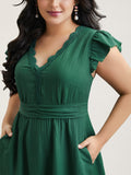 Lace Trim Stitch Textured Waist-Defined Midi Dress