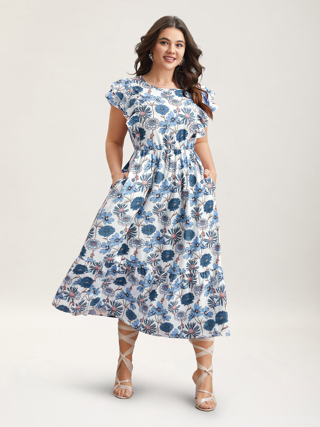 Ruffled Floral Print Stretchy-Waist Midi Dress