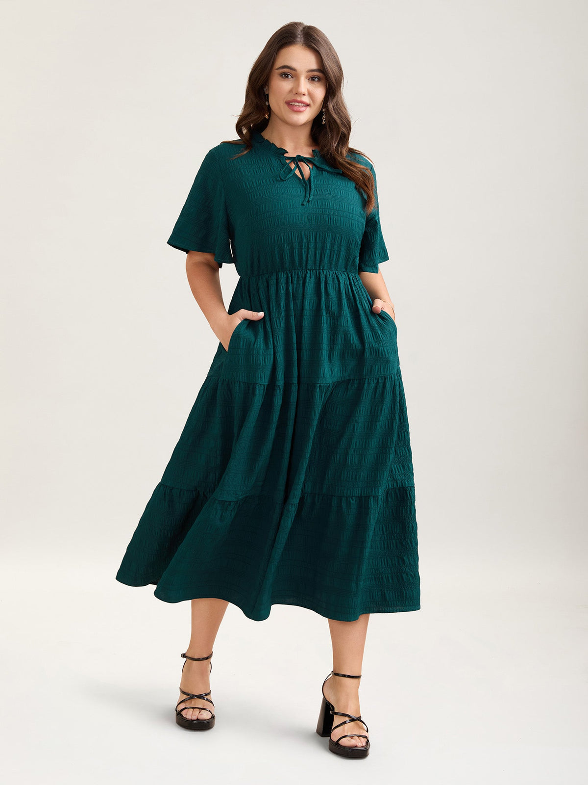 Stretchy Waist Frill Trim Pockets Midi Dress