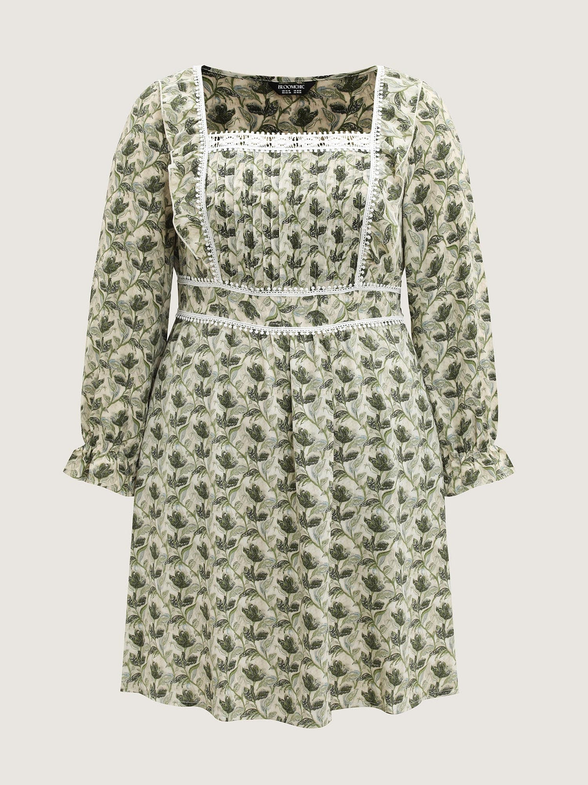 Fall Floral Print Lace Trim Midi Dress