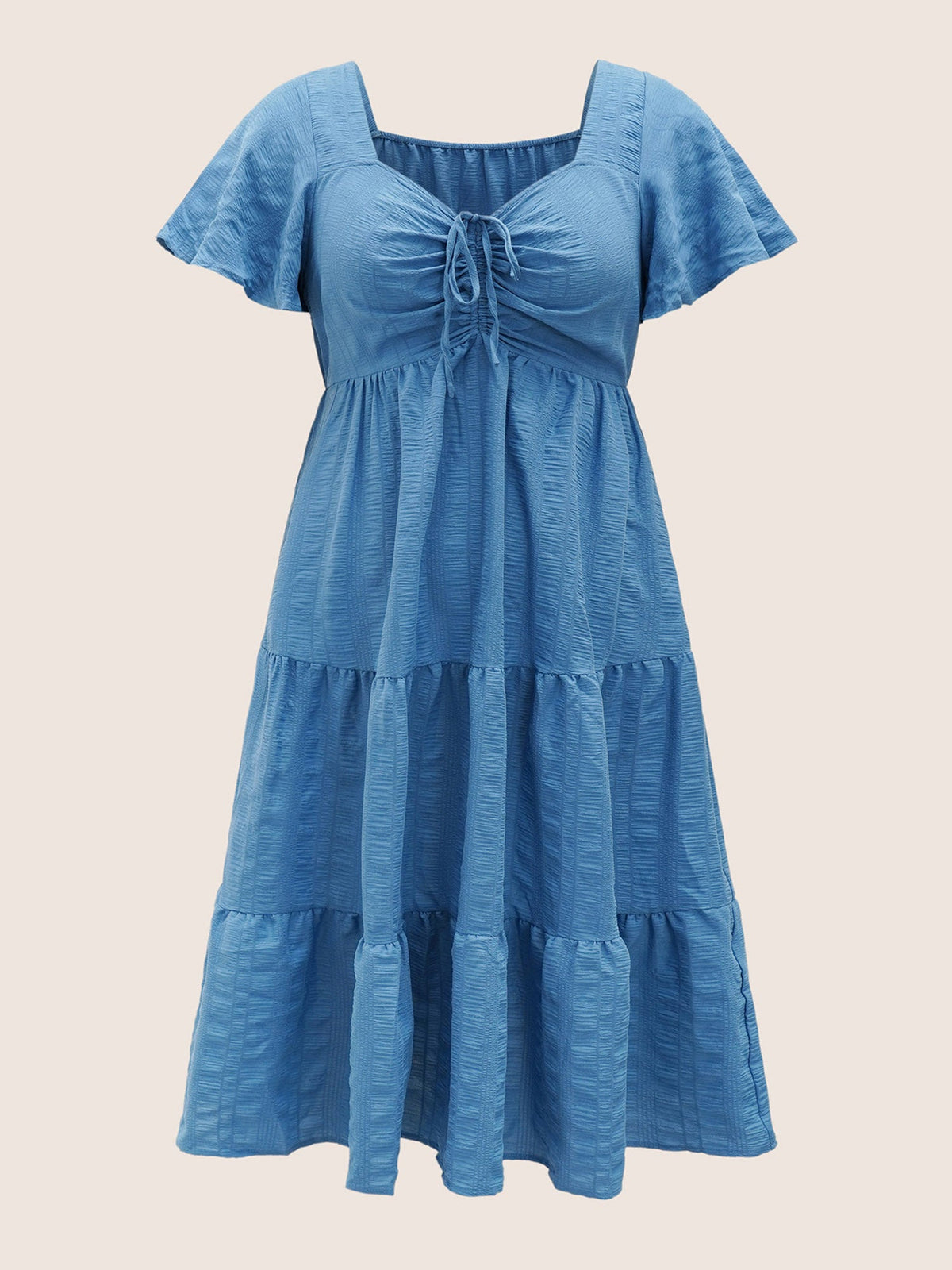 Plain Ruched Drawstring Pocket Ruffle Tiered Dress