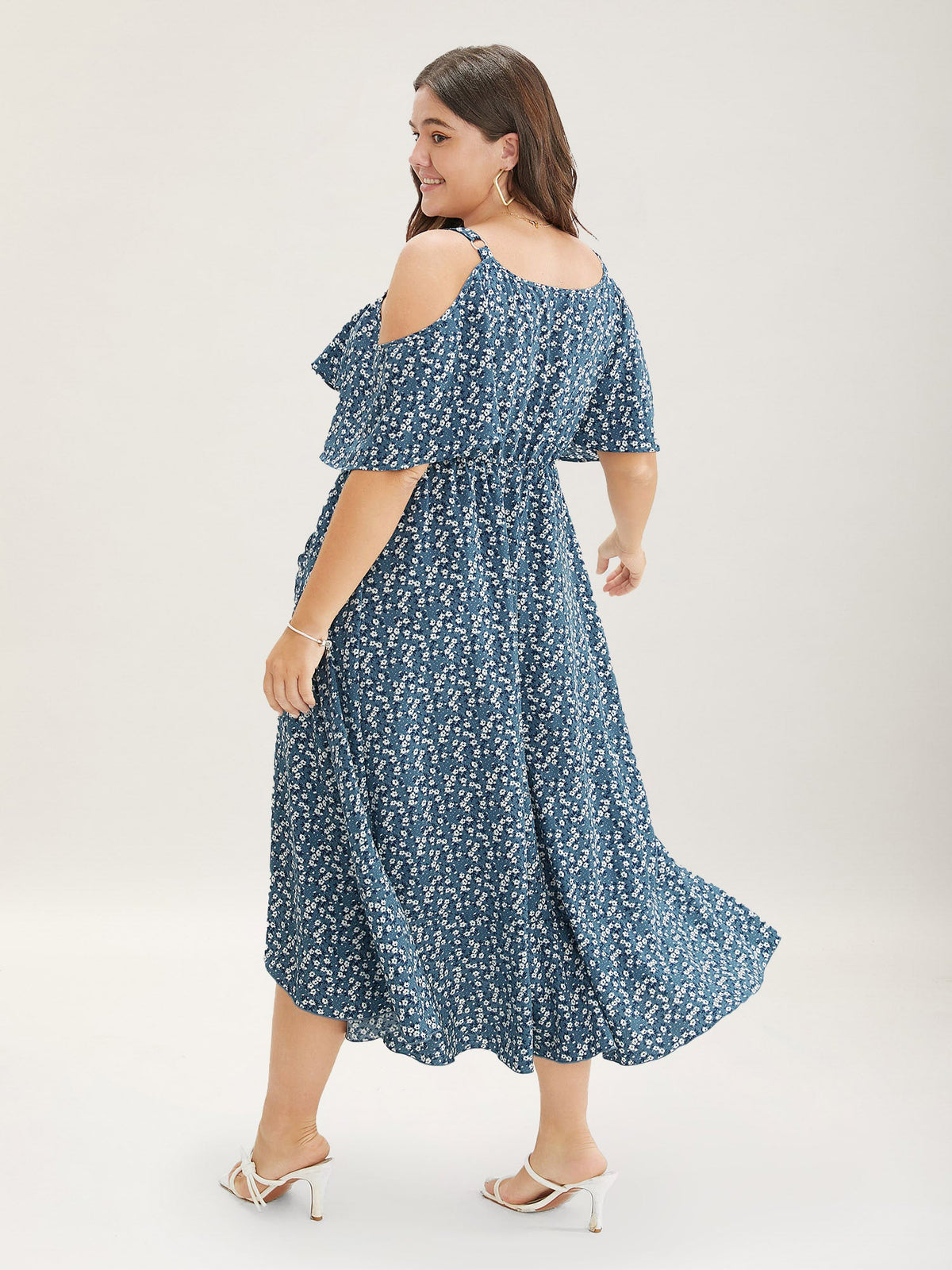 Ditsy Floral Pocket Wrap Cold Shoulder Ruffle Dress