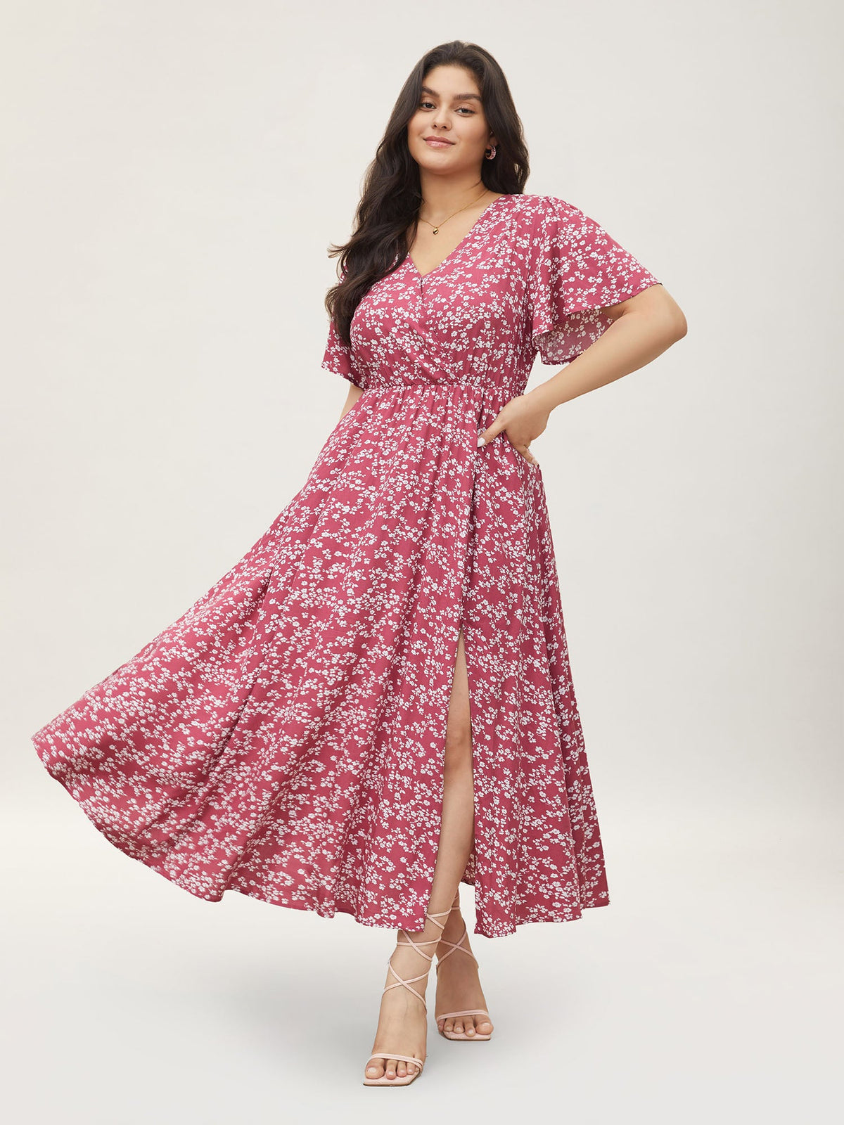 Bloom Dress - Flutter Sleeve Ditsy Floral Pocket Split Maxi Dress