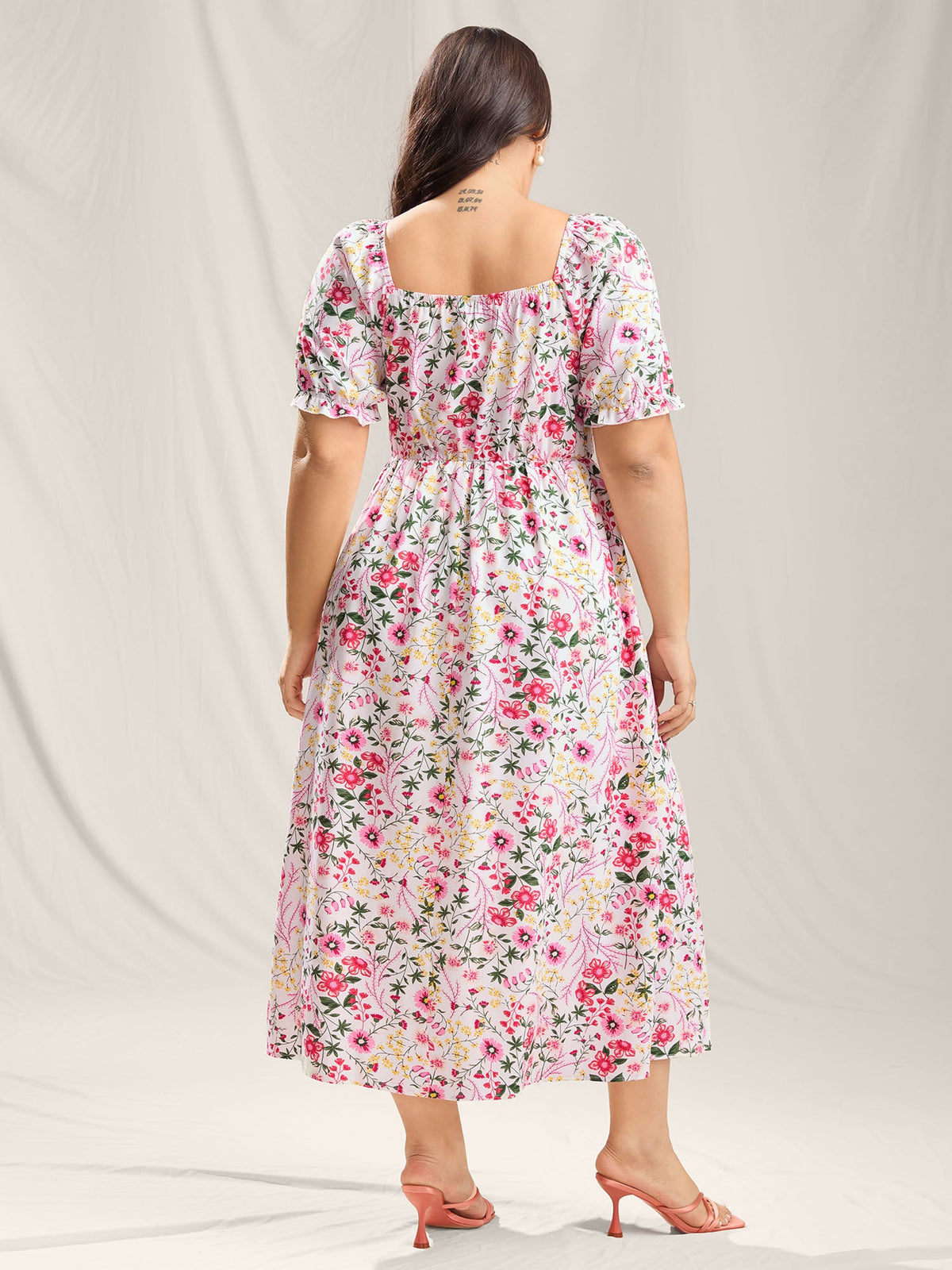 Shirred Floral Print Pockets Maxi Dress
