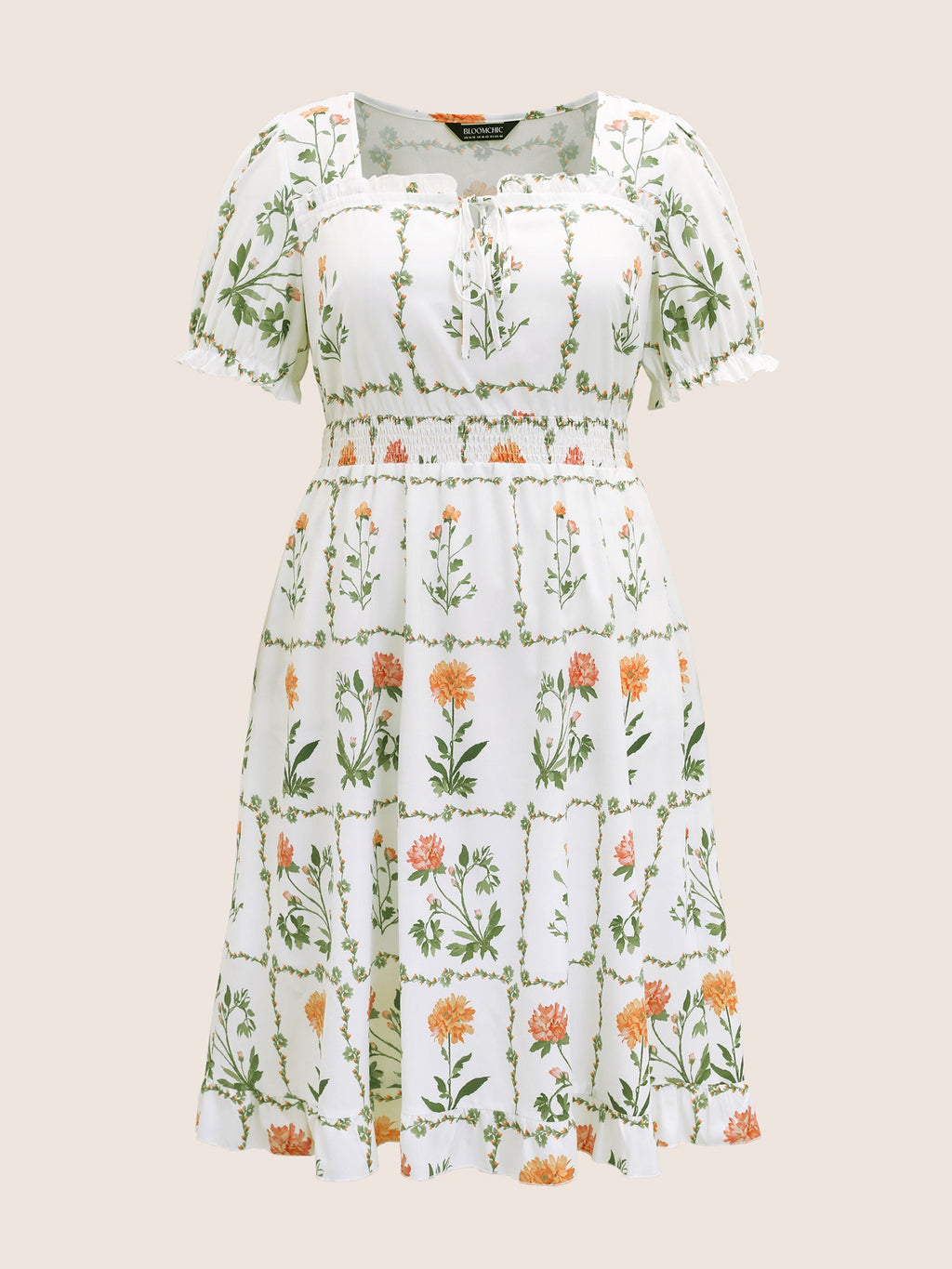 Boho Print Tie Knot Shirred Lantern Sleeve Dress